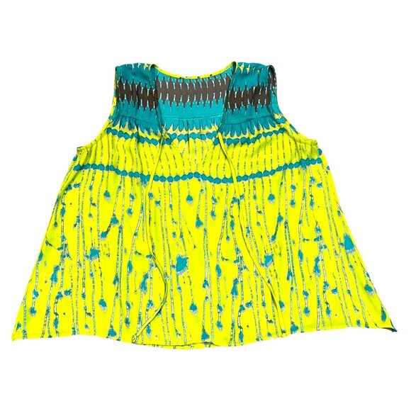 CCC Electric Lime Green Print Tank Tie Front Abstract Boho Blouse Summer Top - Picture 6 of 11